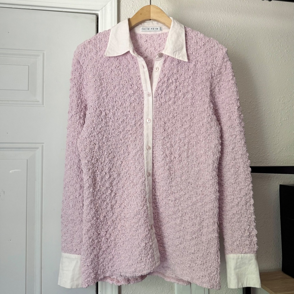 THIRD FORM pink lavender‎ crinkle popcorn stretchy long sleeve button up shirt